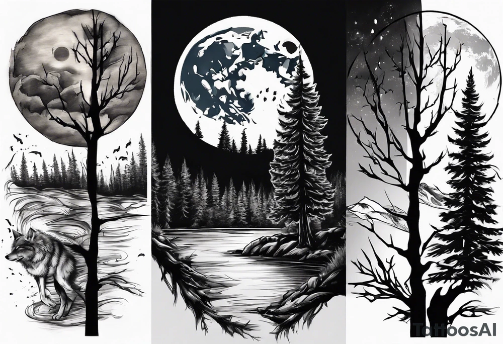 Wolf face a river under it the full moon above big pine trees tattoo idea