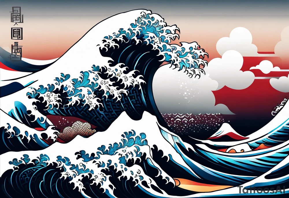 japanese wave. celtic pattern in the negative space. clouds tattoo idea