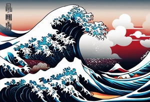 japanese wave. celtic pattern in the negative space. clouds tattoo idea