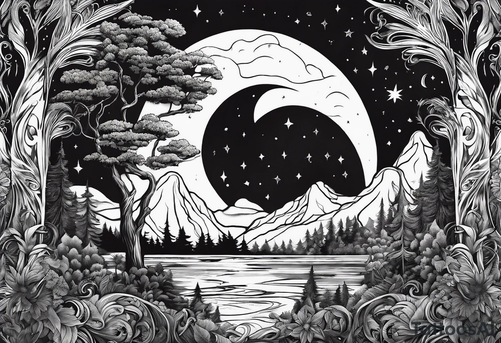 Sun and moon and fire forrest tattoo idea