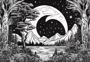 Sun and moon and fire forrest tattoo idea