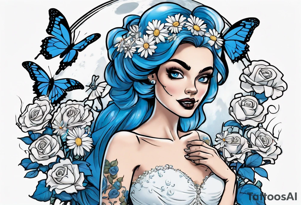 character Emily from the film corps bride. she is wearing a wedding dress. the vail on her head. she is holding a bouquet of blue roses in the middle of the bouquet  there is one white daisy. there is a Blue Morpho butterfly flying above the white daisy. A full moon on the background. tattoo idea