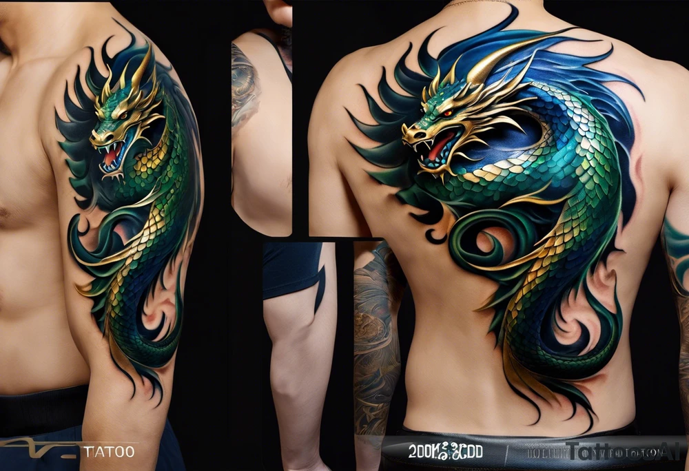 3D Tattoo: An epic with no wings, floating. Its long body coiling dynamically, with scales and horns detailed to create a sense of movement and strength. The dragon's main color is midnight blue but features little accents in dark green and gold, giving a vibrant depth and a mystical aura. This tattoo highlights the dragon’s fierce expression and sharp claws as it wraps protectively around the leg. Style: 3D tattoo idea