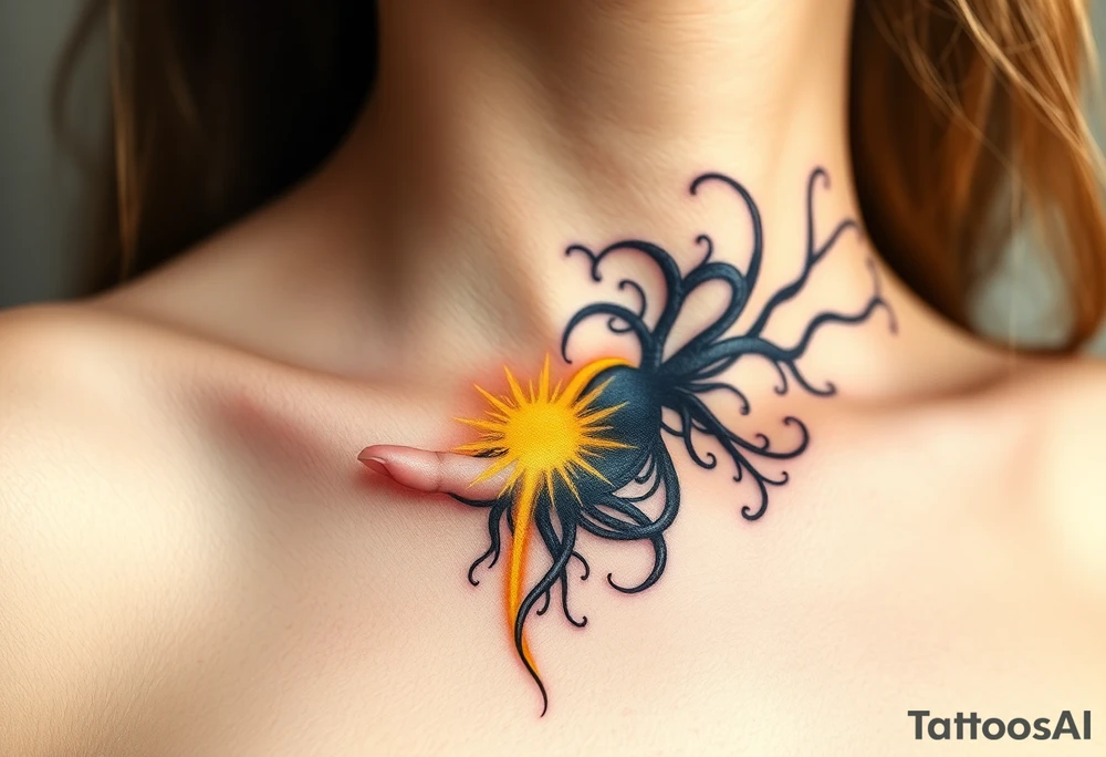 A soft golden light, spilling from an open hand, contrasting with shadowy black tendrils emerging from the other hand, representing a battle between inner purity and external corruption. The light is depicted in radiant yellows, while the dark side uses deep blues and blacks. tattoo idea