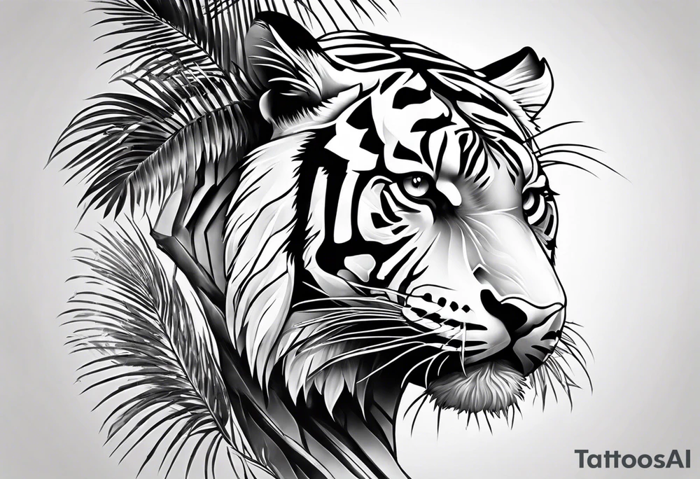 full tiger body climbing palm tree tattoo idea