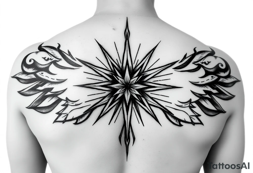 A highly artistic tattoo design with a central focus on a radiant star, symbolizing guidance and empowerment. black and white. small tattoo idea