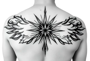 A highly artistic tattoo design with a central focus on a radiant star, symbolizing guidance and empowerment. black and white. small tattoo idea