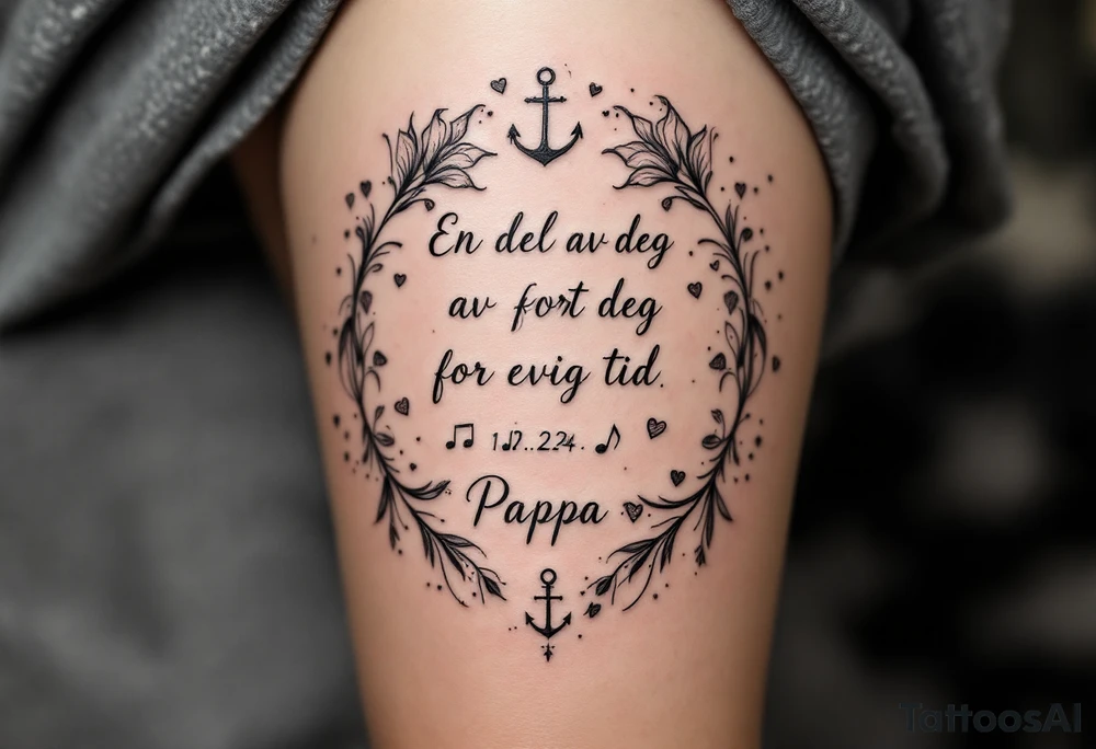 «En del av deg for evig tid
Pappa 20.12.24» Surrounded by long gladiolus, hearts, notes and an anchor tattoo idea