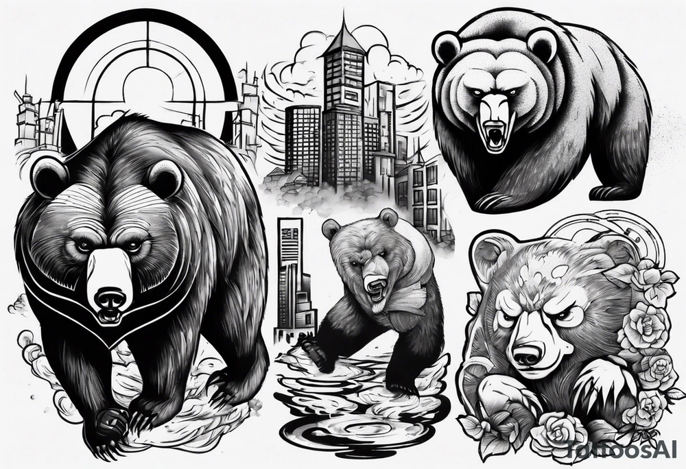 Serious bear coming up behind a city tattoo idea