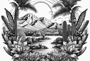 Fenix ,  cactos e árvore da vida por do sol braço parte de cima tattoo idea