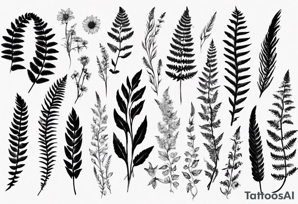 Sword fern and wildflowers tattoo idea