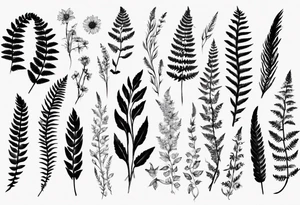 Sword fern and wildflowers tattoo idea