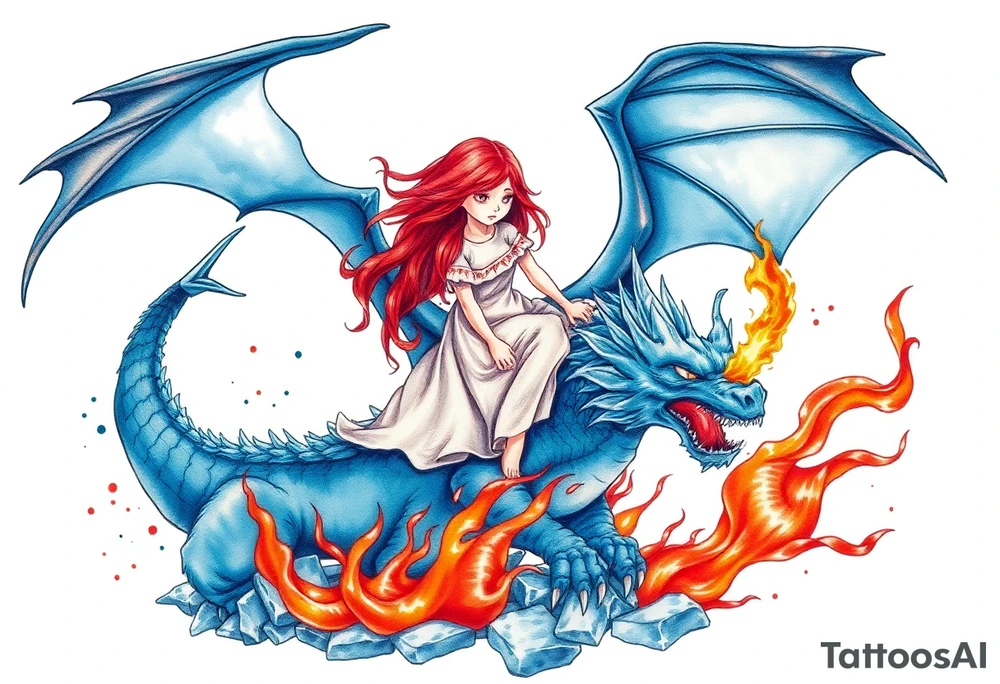 Sad redheaded girl on a blue dragon breathing fire with wings spread and flying over ice and flames tattoo idea