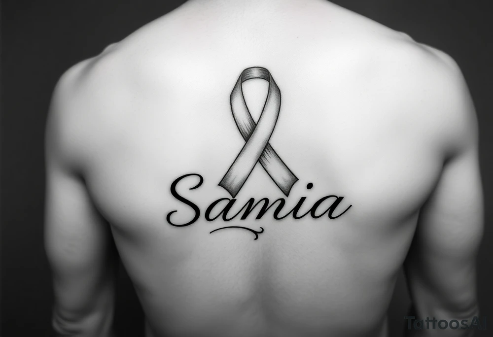 Breast cancer ribbon flowing into the name Samia. Ribcage. Side. Men. tattoo idea