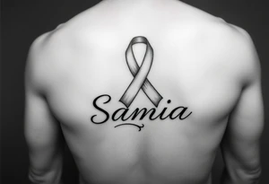 Breast cancer ribbon flowing into the name Samia. Ribcage. Side. Men. tattoo idea