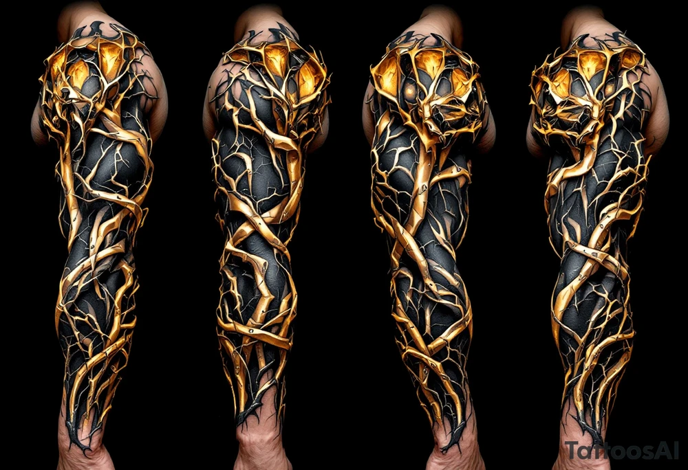 A fusion design of organic tendons and metallic elements in jet black and bronze, blending with skin through shadowed transitions. tattoo idea