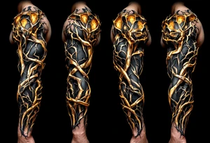 A fusion design of organic tendons and metallic elements in jet black and bronze, blending with skin through shadowed transitions. tattoo idea
