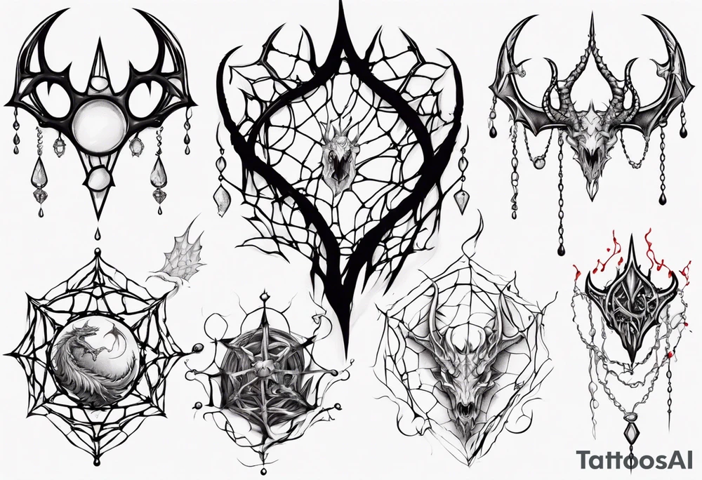 Jewel shaped tangled web with dragon horns and blood drops tattoo idea