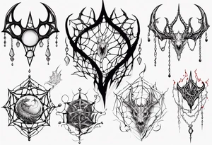 Jewel shaped tangled web with dragon horns and blood drops tattoo idea