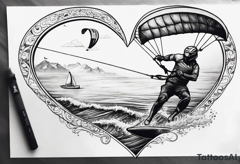I want a very thin tattoo of a kitesurfer with a heart-shaped sail inflated by the wind. tattoo idea