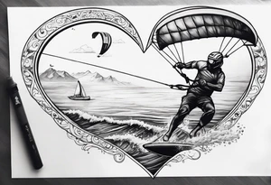 I want a very thin tattoo of a kitesurfer with a heart-shaped sail inflated by the wind. tattoo idea