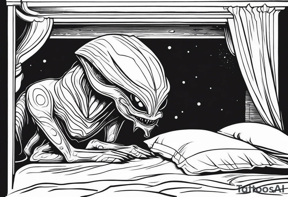 scary alien-like creature hiding under the bed tattoo idea scary alien-like creature hiding under the bed tattoo idea