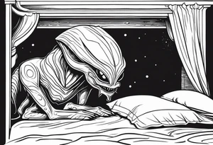 scary alien-like creature hiding under the bed tattoo idea