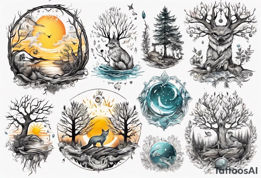 sonne, eule  wald, fuchs 
baum, sapere aude, Wasser, fisch tattoo idea