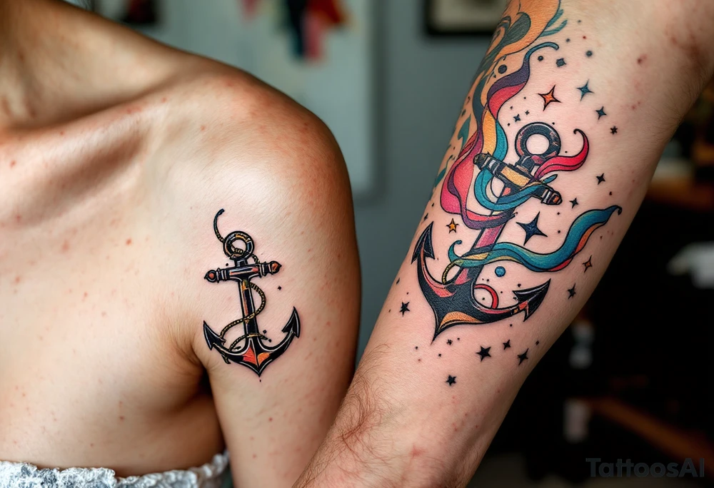 Matching man and woman tiny black anchor tattoos, the father’s on the upper arm tattoo idea