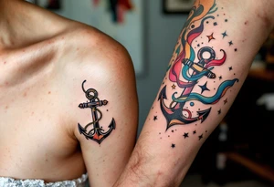 Matching man and woman tiny black anchor tattoos, the father’s on the upper arm tattoo idea