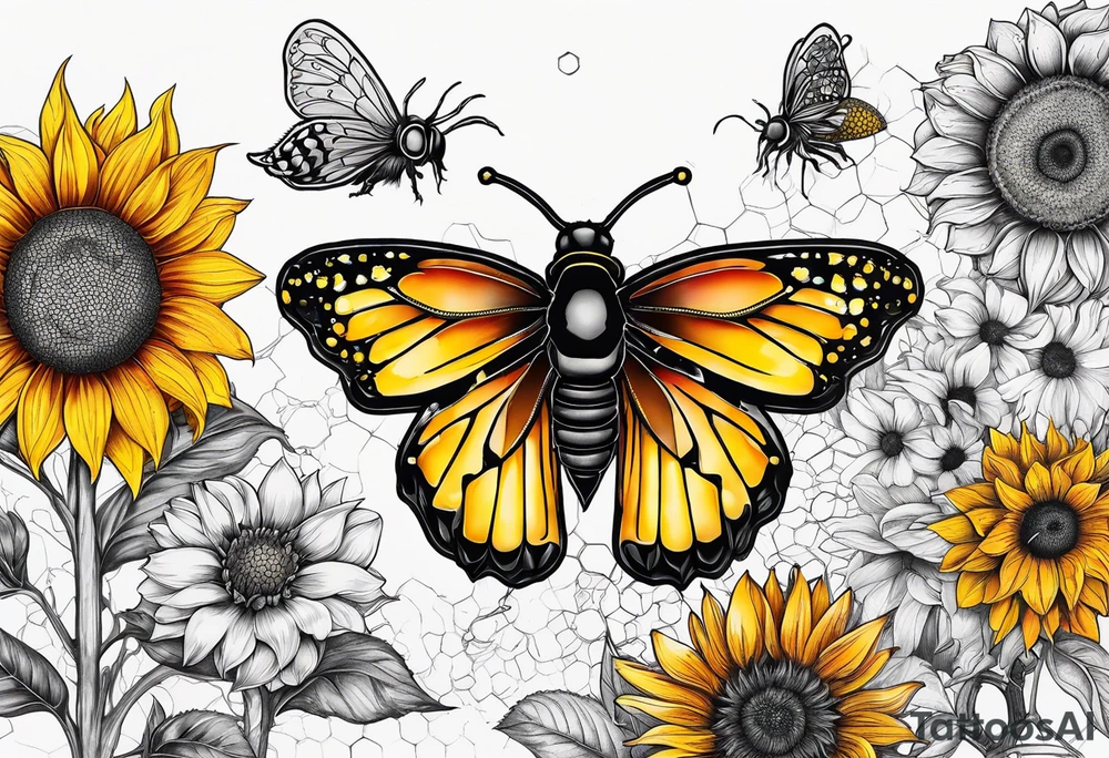 Sunflowers, bumblebees, honeycombs, sexy, elegant, vibrant tattoo idea