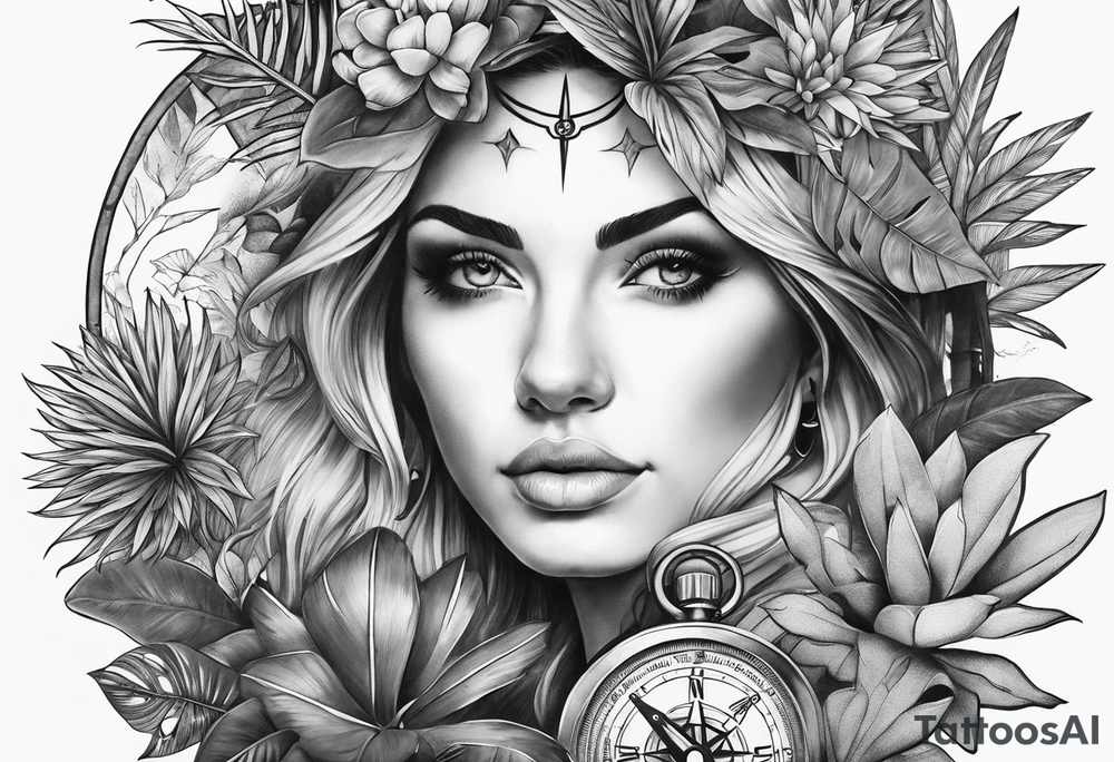 full sleeve tattoo with jungle plants, compass with eye tattoo idea
