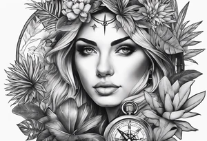full sleeve tattoo with jungle plants, compass with eye tattoo idea
