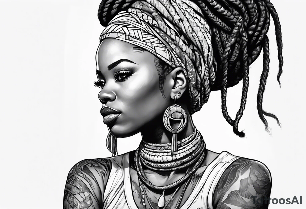 African woman  with snake dreads tattoo idea