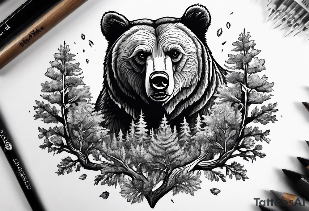 Grizzly bear and oak tree tattoo idea