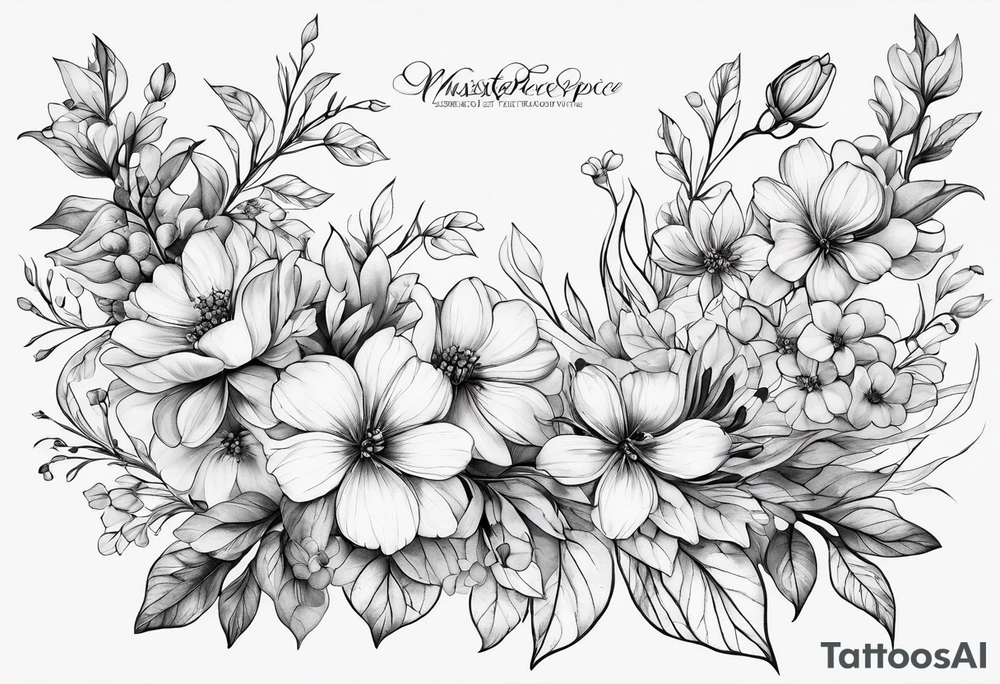 “Generate a subtle botanical tattoo with soft, flowing lines, showcasing tiny flowers and leaves arranged in a delicate pattern tattoo idea