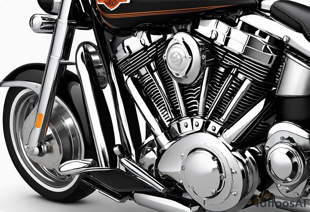Create a tattoo for a man's chest featuring two cylinder heads (motorcycle engine like a Harley Davidson). The cylinder heads should be partially in cross-section to reveal the pistons, piston rods, valves, and cams. Additionally, part of the engine with the crankshaft should also be in cross-section. You might add a spark or flames to one cylinder (simulating the explosion phase) and perhaps the exhaust phase to the other. Try to prepare the background for potential extension of the tattoo. tattoo idea
