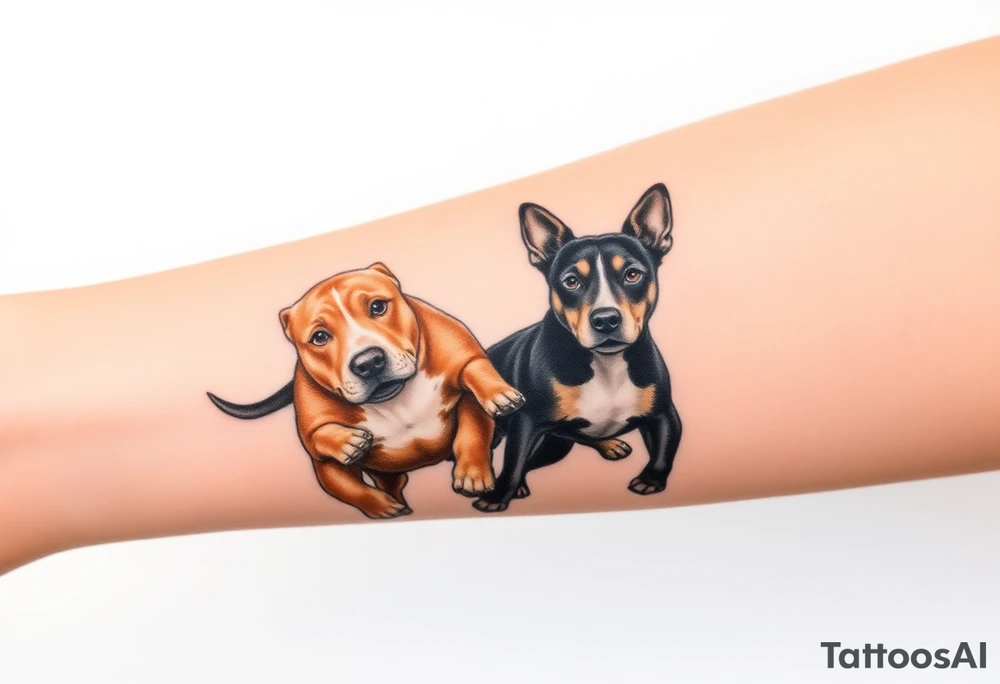 a tan pitbull and a black Australian cattle dog playing together tattoo idea
