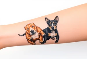 a tan pitbull and a black Australian cattle dog playing together tattoo idea