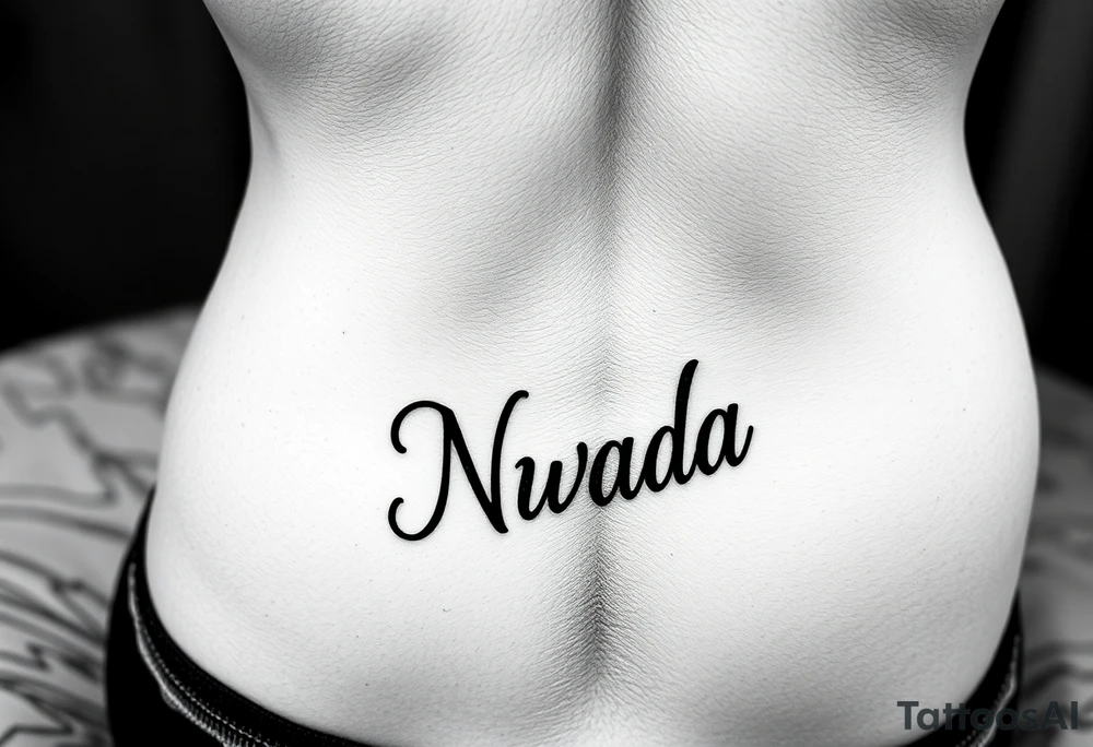 a woman's waist with the word "Nwada" written on her waist make her sit on the bed make it more sexy tattoo idea