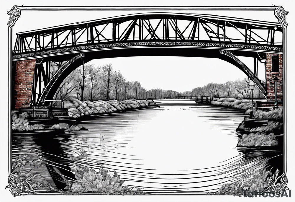 simple line art, view from under steel truss cantilever bridge tattoo idea