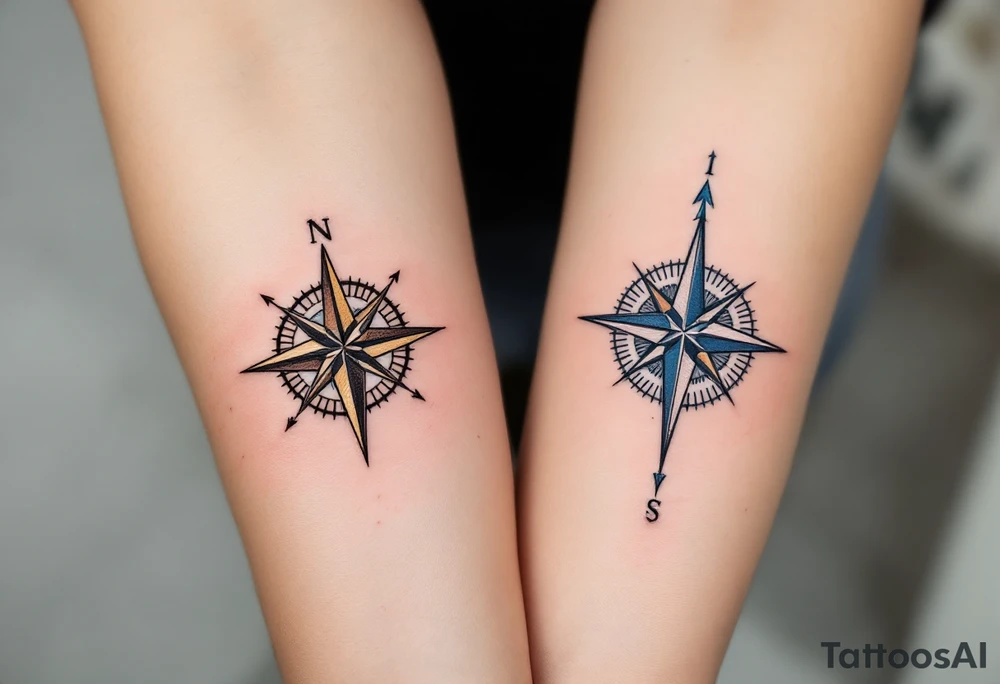 One wears a compass pointing north in black and gold, the other a compass pointing south in silver and blue, symbolizing guidance and connection. tattoo idea