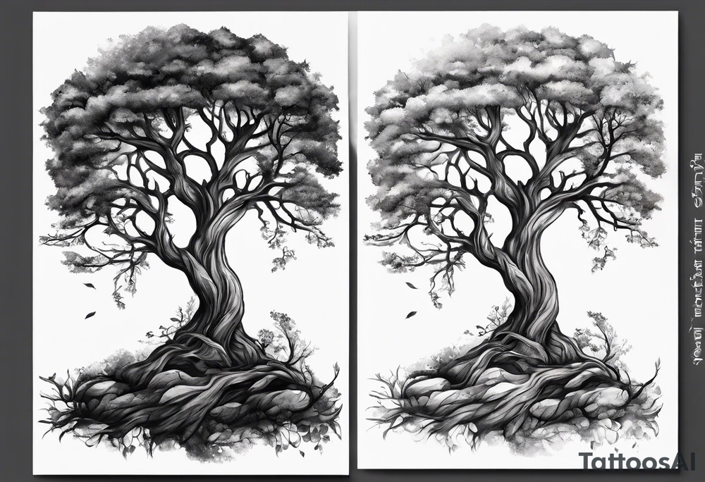 Two seperate trees twisting their trunks together tattoo idea