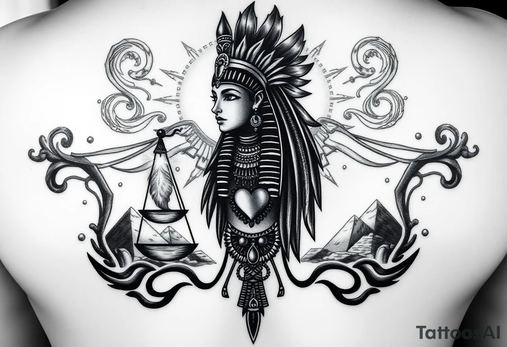 “Super realistic black and grey tattoo of the Egyptian goddess Ma’at, depicted as a regal woman with an ostrich feather headdress, intense glowing eyes, and intricate ancient Egyptian jewelry. She stands or floats amidst swirling cosmic energy and beams of light, with subtle hieroglyphics and pyramids in the background. Incorporate the Scales of Justice—one side holding a heart, the other Ma’at’s feather—glowing with ethereal energy. Emphasize dramatic lighting, deep shadows, and surreal, mystical atmosphere to match a sleeve with Anubis and cosmic motifs. Design should flow with existing sleeve art, using soft transitions and layered textures. tattoo idea