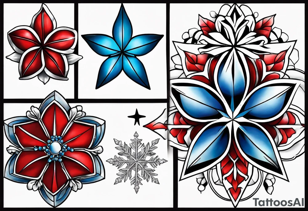 Small tattoo of a forget me knot flower, a red star, and a snowflake tattoo idea