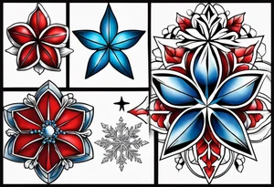 Small tattoo of a forget me knot flower, a red star, and a snowflake tattoo idea
