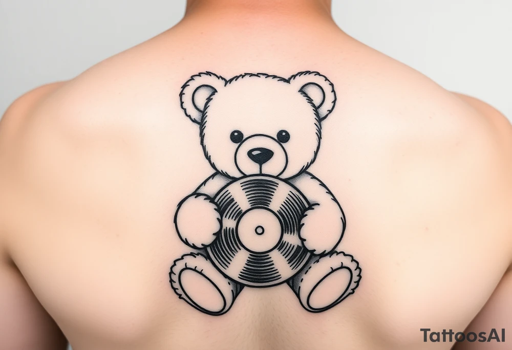 minimalist teddy bear holding a vinyl record tattoo idea