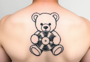 minimalist teddy bear holding a vinyl record tattoo idea