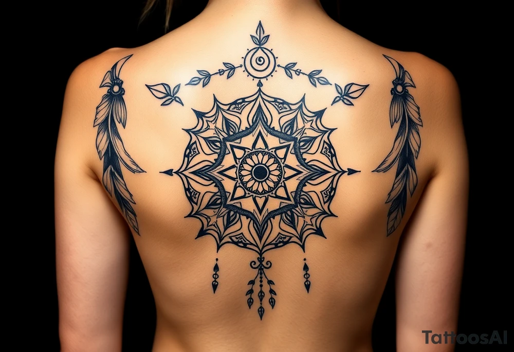shaman symbols and mandalas and feathers wicca witch spiritual and sami culture big whole back tattoo idea
