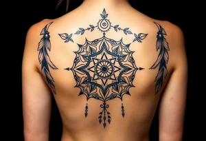 shaman symbols and mandalas and feathers wicca witch spiritual and sami culture big whole back tattoo idea